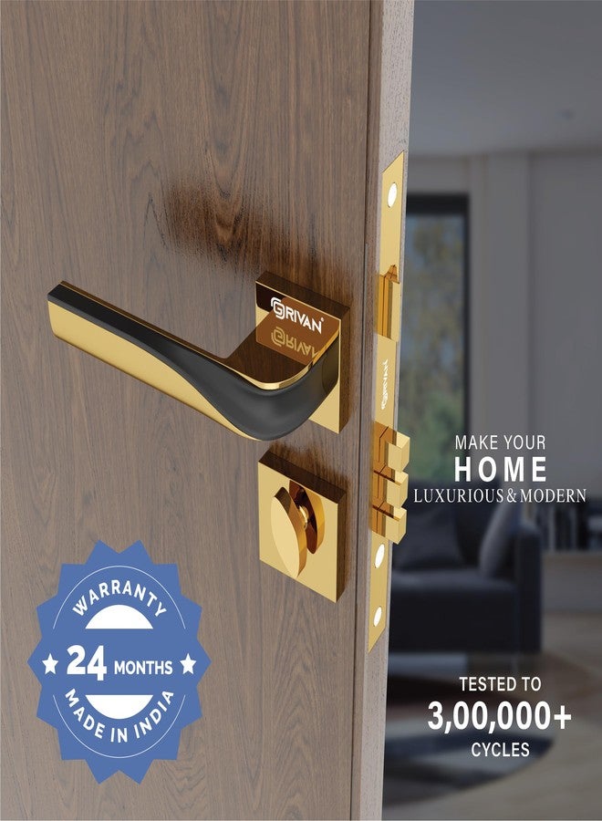 GRIVAN Elegance Brass Mortise Lock for Door, Bedroom, Balcony, Store Room Handle Set for Main & Internal Doors Durable Lock Body & 3 Keys Included (Gold, Black Finish) | 2 Years Warranty - Image 2
